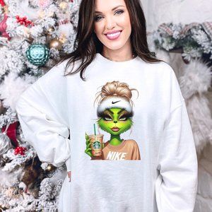 Female Sporty Grinch With Iced‎ Coffee Christmas Holiday Crewneck Sweatshirt